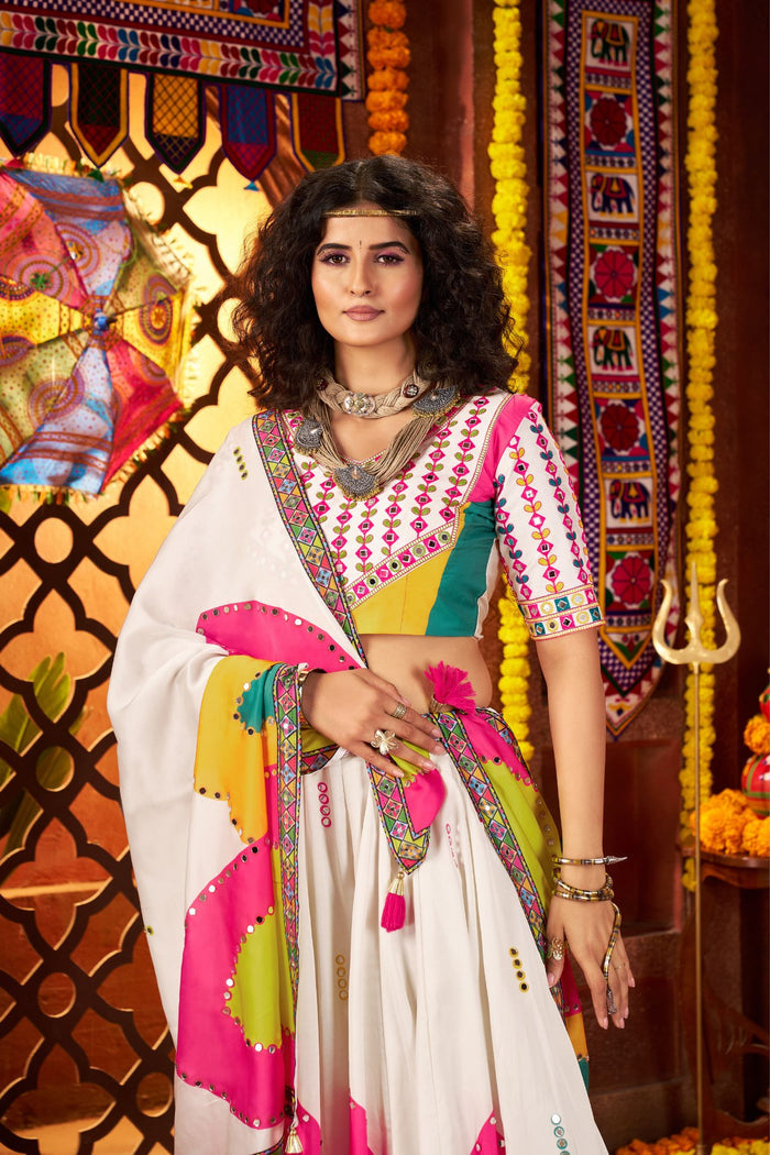 Zayana – Designer White Lehenga Choli for Navratri with Mirror & Hand Embroidery Work