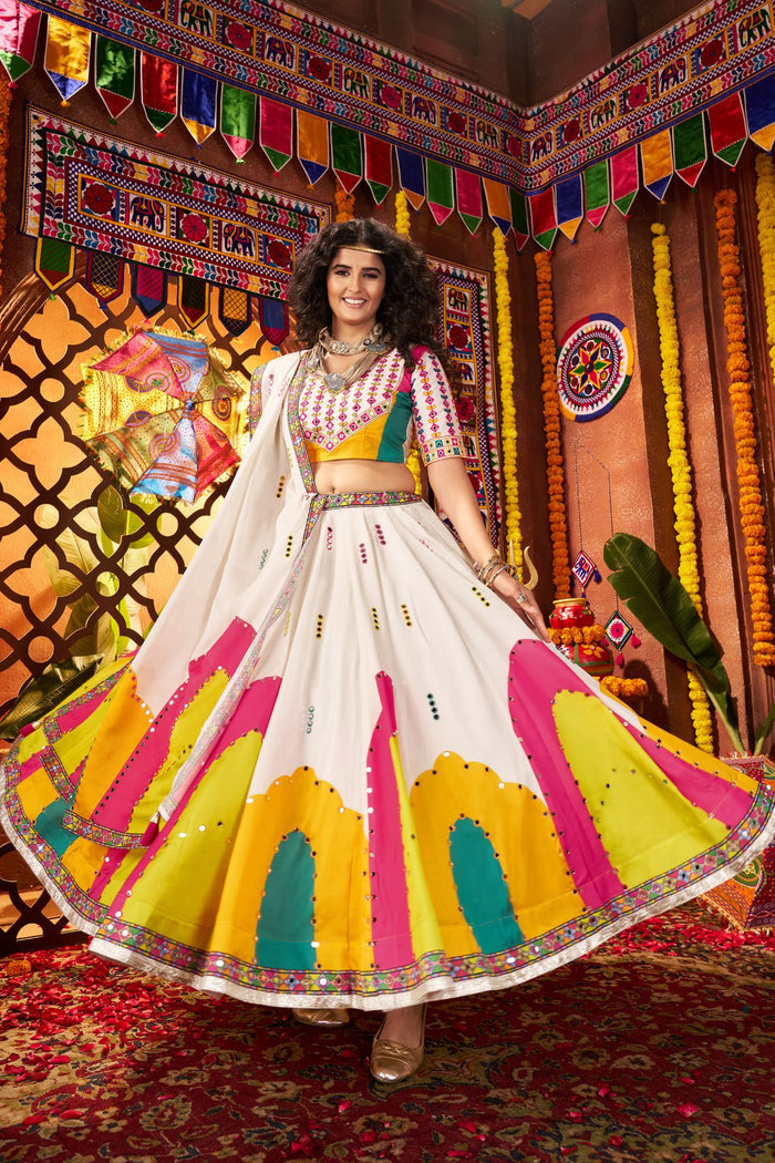 Zayana – Designer White Lehenga Choli for Navratri with Mirror & Hand Embroidery Work