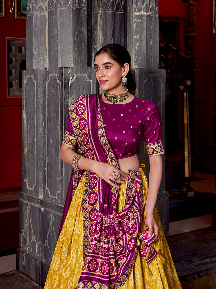 Zayana Mustard Ikkat Patola Printed Tasar Silk Lehenga Choli