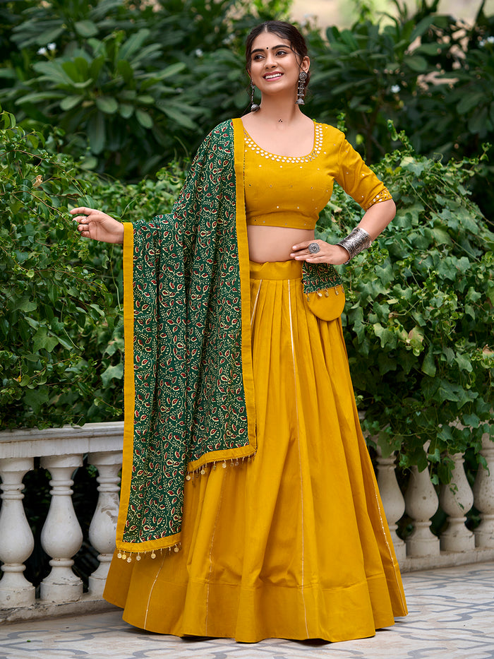 Zayana Mustard Plain Cotton Lehenga Choli with Gota Patti