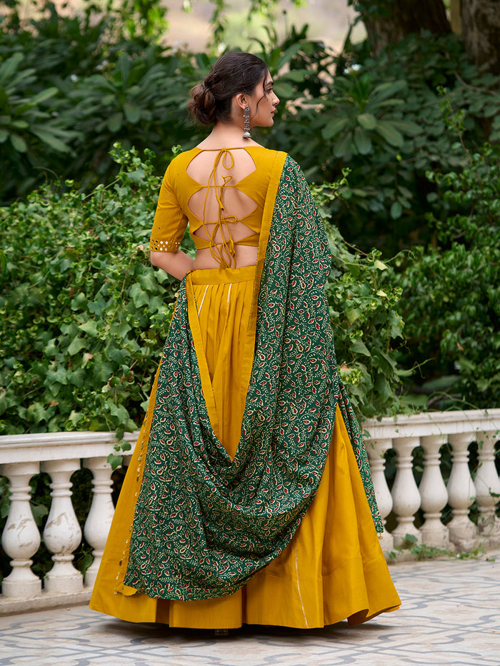 Zayana Mustard Plain Cotton Lehenga Choli with Gota Patti