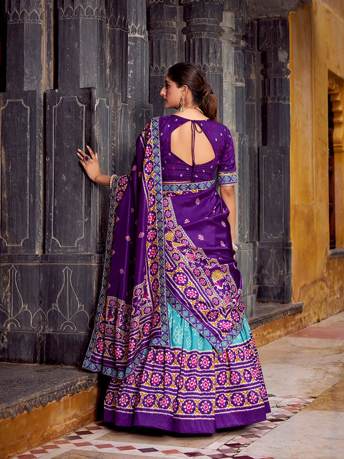 Zayana Sky Blue Ikkat Patola Printed Tasar Silk Lehenga Choli