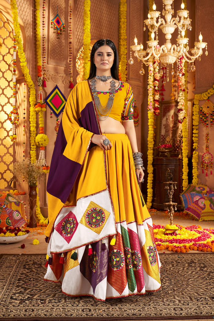 Zayana – Mustard Yellow Viscose Cotton Traditional Designer Navratri Lehenga Choli