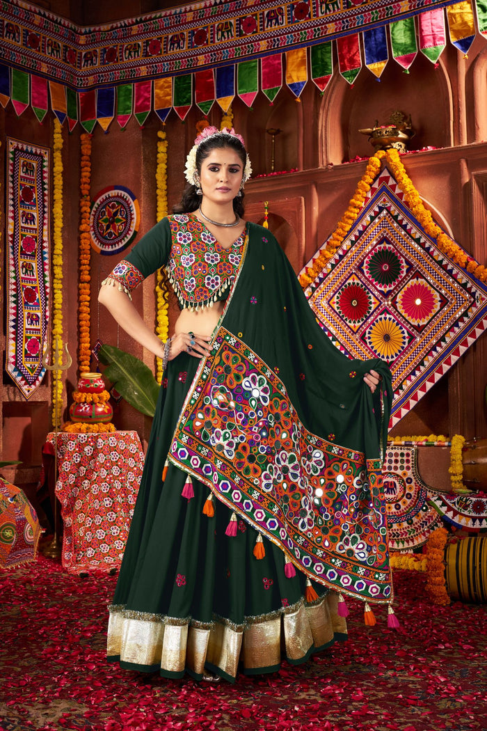 Zayana – Premium Designer Green Viscose Cotton Thread & Mirror Work Navratri Lehenga Choli
