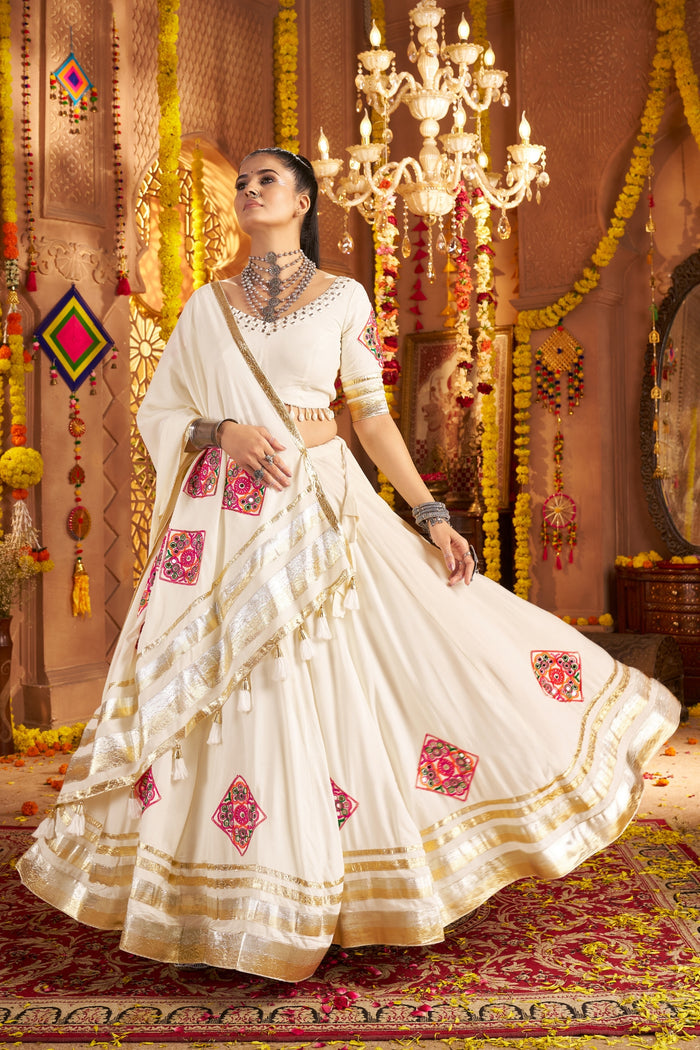 Zayana – White Navratri Stunning Hand Mirror Work & Thread Embroidered Traditional Readymade Lehenga Choli