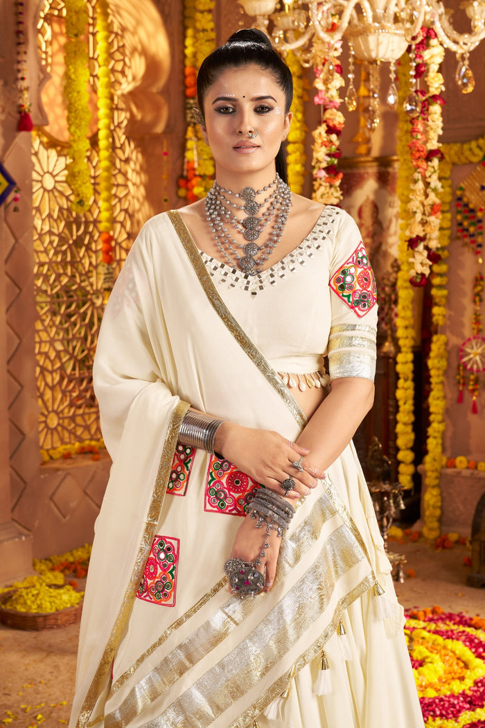 Zayana – White Navratri Stunning Hand Mirror Work & Thread Embroidered Traditional Readymade Lehenga Choli