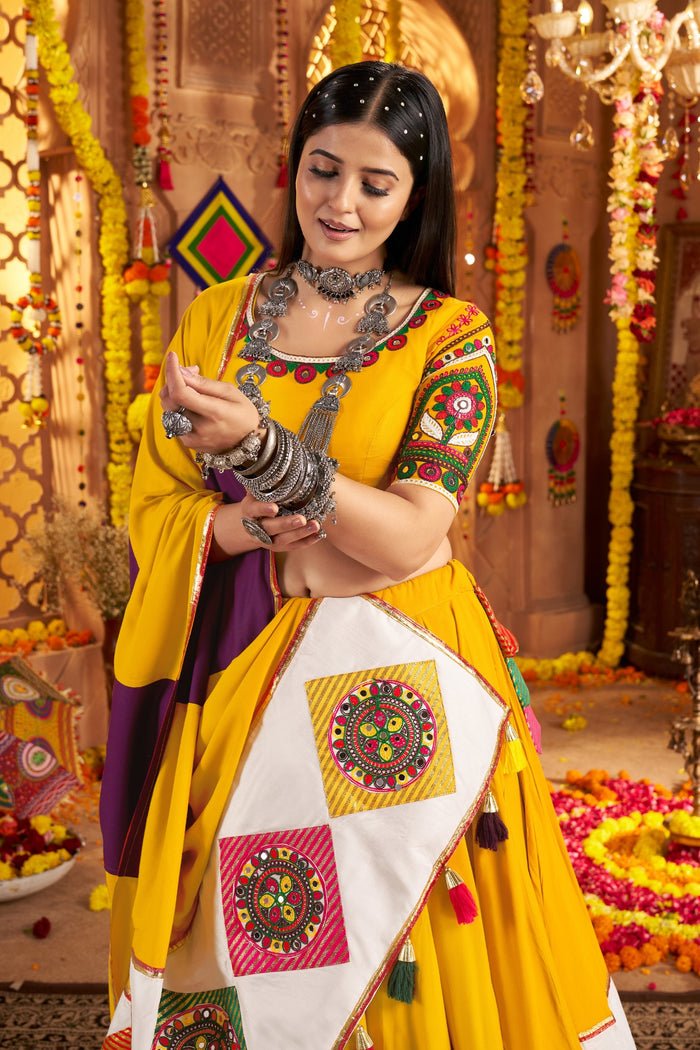Zayana – Mustard Yellow Viscose Cotton Traditional Designer Navratri Lehenga Choli