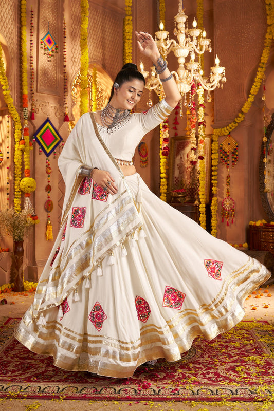 Zayana – White Navratri Stunning Hand Mirror Work & Thread Embroidered Traditional Readymade Lehenga Choli