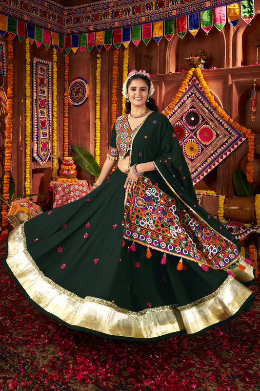 Zayana – Premium Designer Green Viscose Cotton Thread & Mirror Work Navratri Lehenga Choli