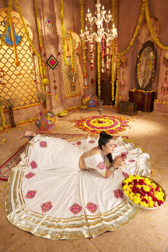 Zayana – White Navratri Stunning Hand Mirror Work & Thread Embroidered Traditional Readymade Lehenga Choli