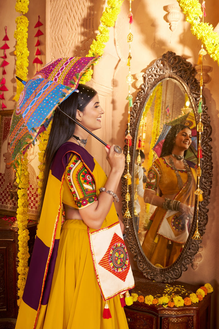 Zayana – Mustard Yellow Viscose Cotton Traditional Designer Navratri Lehenga Choli