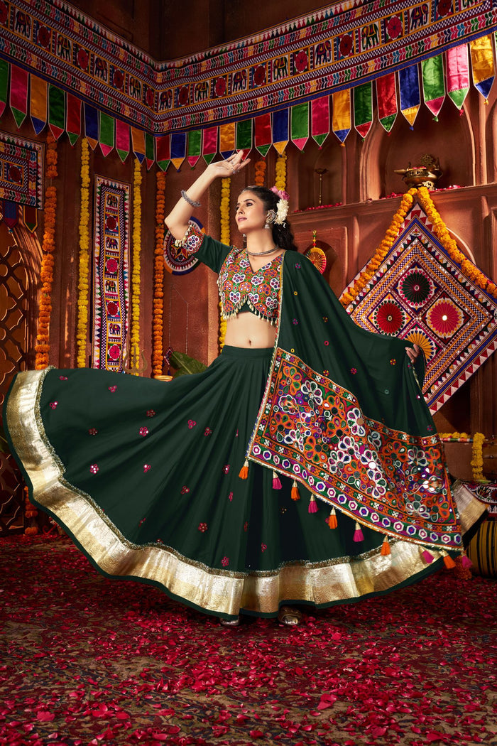 Zayana – Premium Designer Green Viscose Cotton Thread & Mirror Work Navratri Lehenga Choli