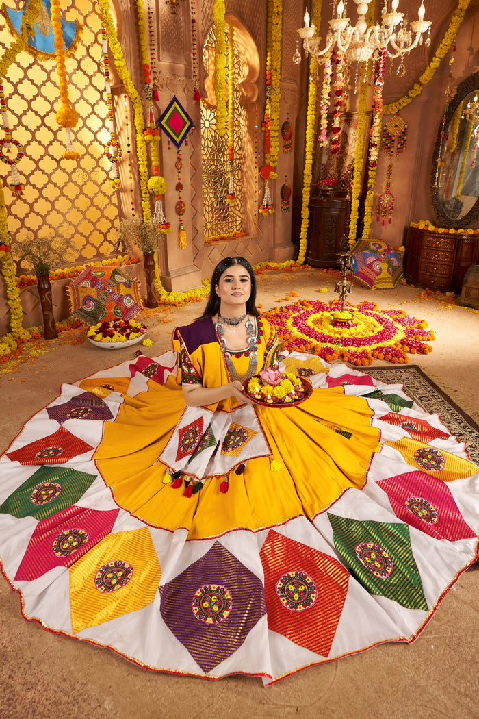Zayana – Mustard Yellow Viscose Cotton Traditional Designer Navratri Lehenga Choli