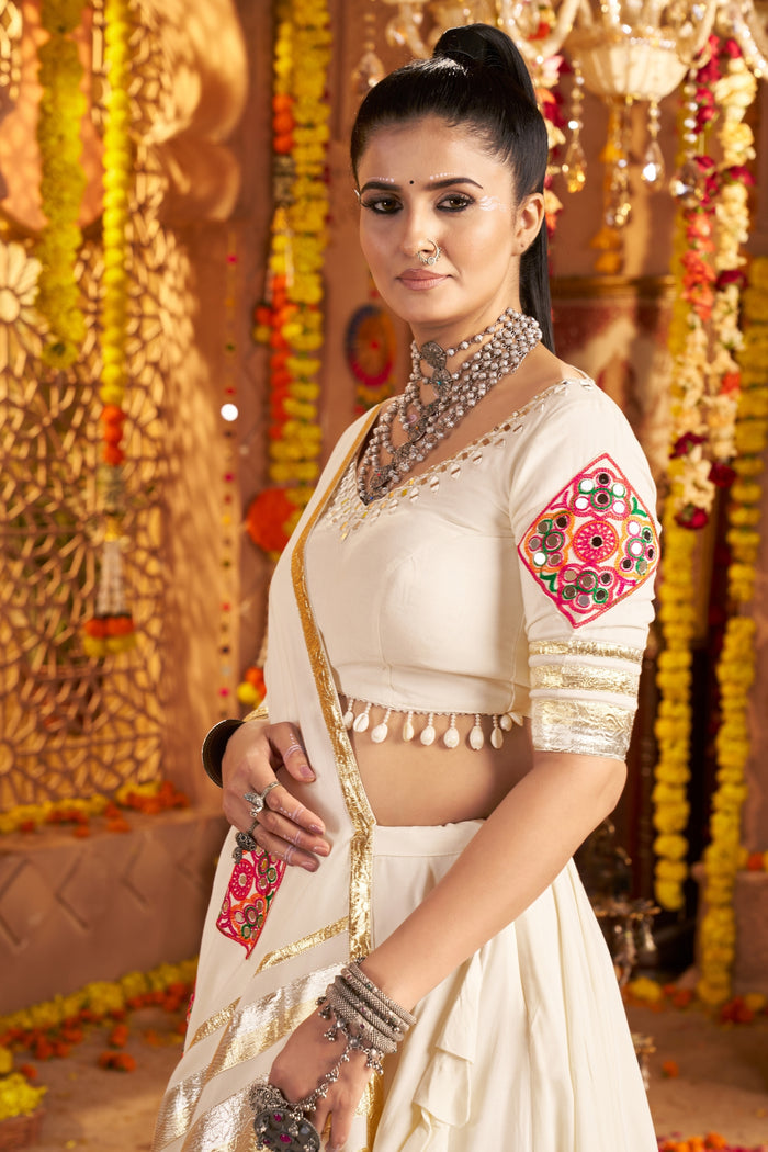 Zayana – White Navratri Stunning Hand Mirror Work & Thread Embroidered Traditional Readymade Lehenga Choli