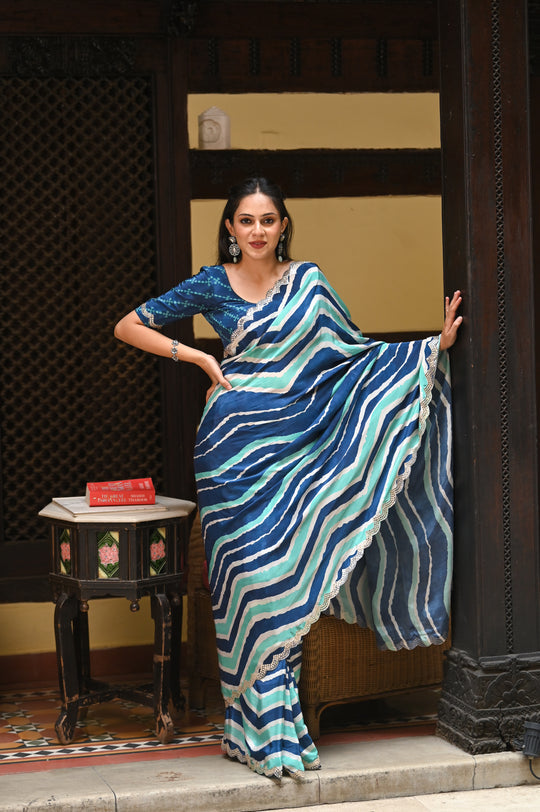 ZAYANA – Blue & Sea Green Lehriya Crepe Saree with Scallop Mirror Detailing