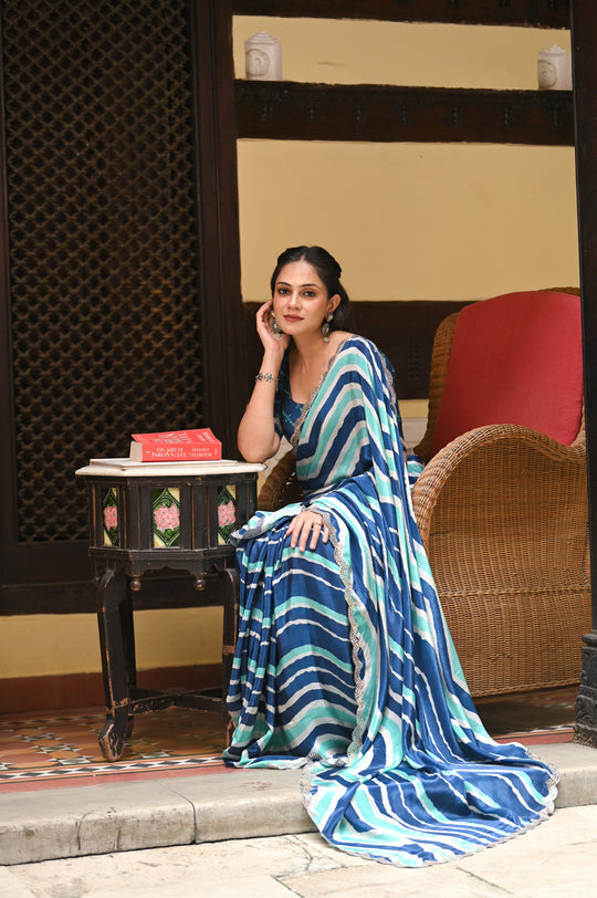 ZAYANA – Blue & Sea Green Lehriya Crepe Saree with Scallop Mirror Detailing
