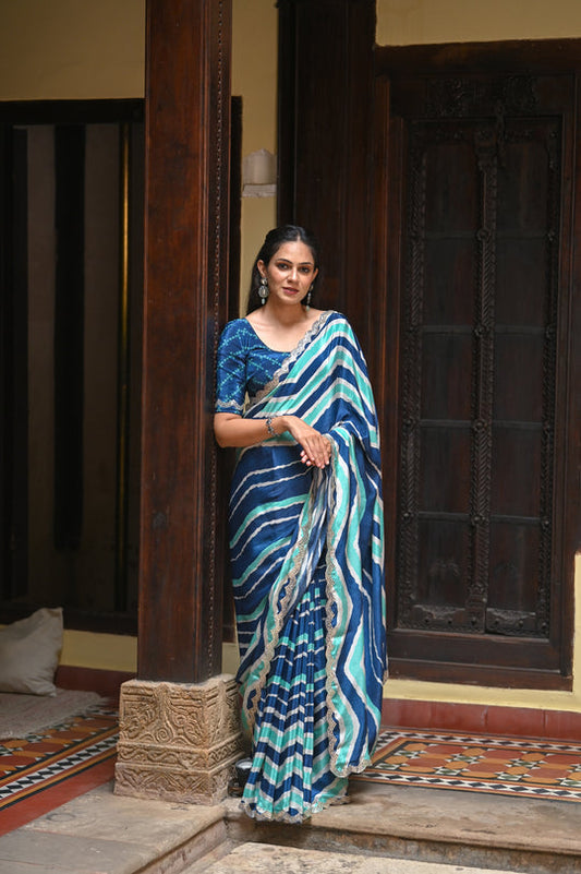 ZAYANA – Blue & Sea Green Lehriya Crepe Saree with Scallop Mirror Detailing