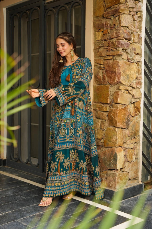 Teal Taj Ethnic Maxi Dress – Royal Hues, Effortless Grace