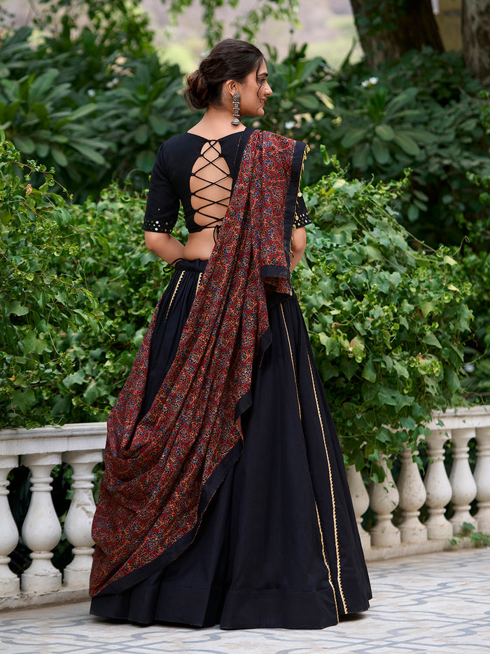 Zayana Black Plain Cotton Lehenga Choli with Gota Patti – Traditional Collection