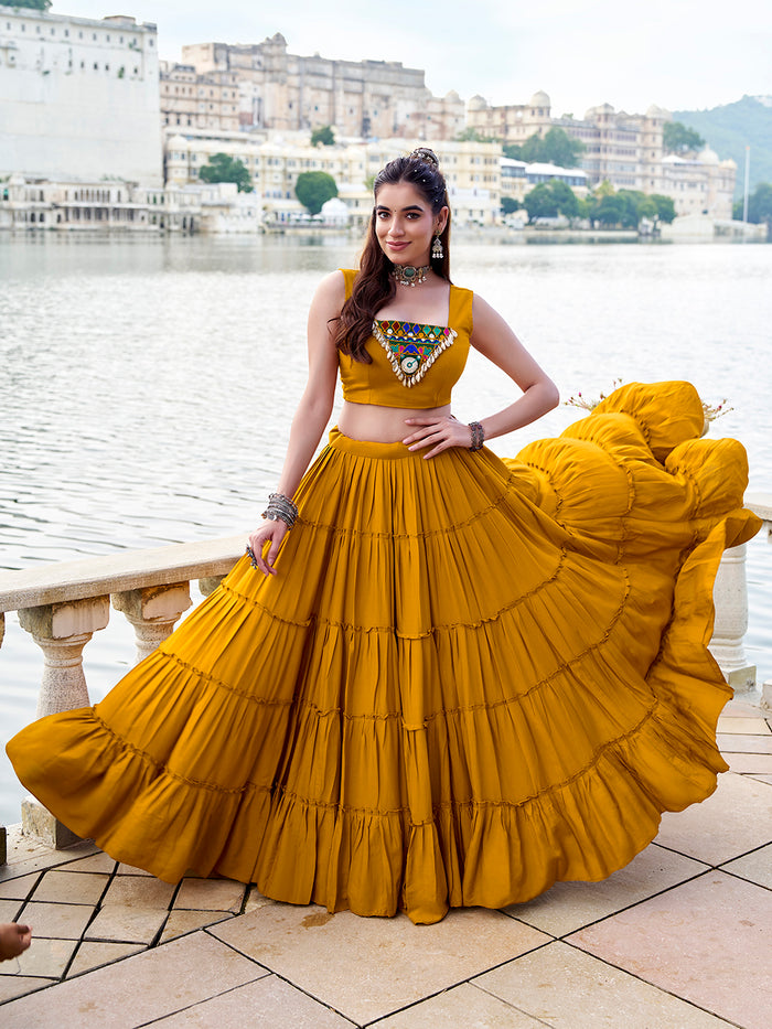 Zayana Mustard Rayon Co-Ord Set with Gamthi Work & Cowrie Detailing