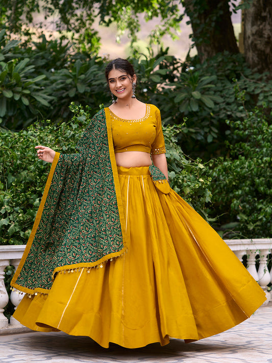 Zayana Mustard Plain Cotton Lehenga Choli with Gota Patti