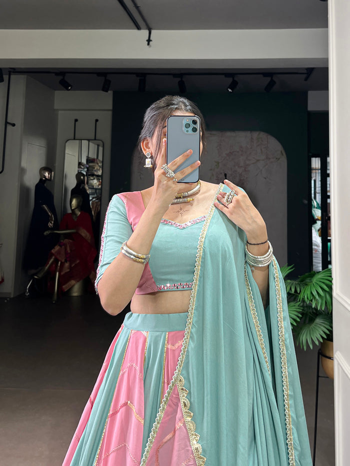 Zayana Light Pink Rayon Chaniya Choli with Embroidery & Lace Detailing