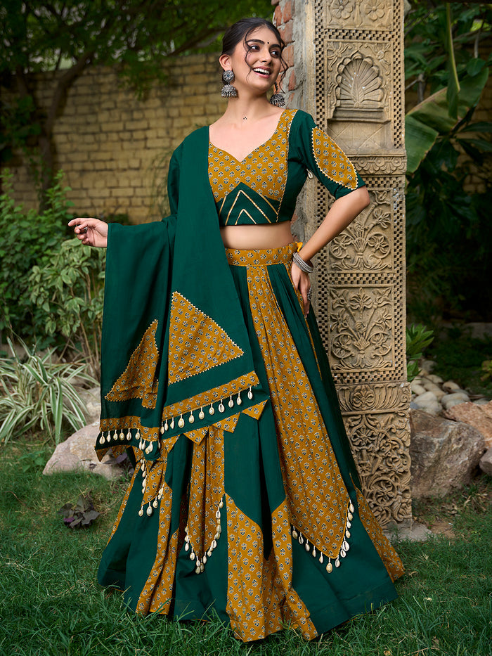 Zayana Exclusive Green Cotton Navratri Lehenga Choli – Elegant Plain & Printed Fusion