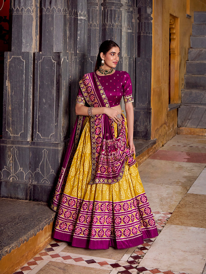 Zayana Mustard Ikkat Patola Printed Tasar Silk Lehenga Choli