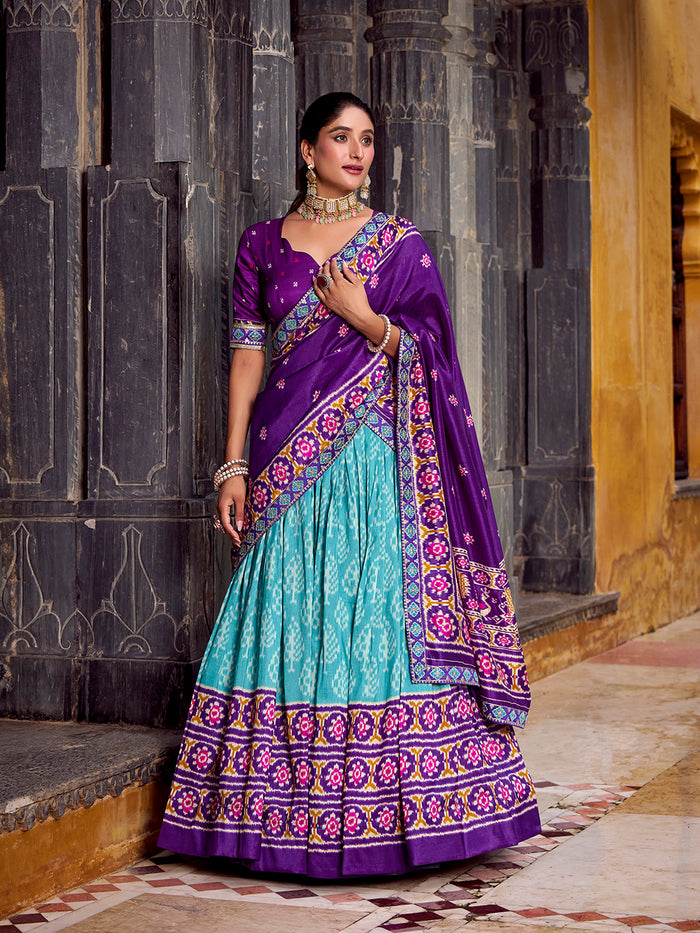 Zayana Sky Blue Ikkat Patola Printed Tasar Silk Lehenga Choli