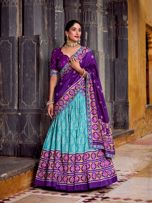 Zayana Sky Blue Ikkat Patola Printed Tasar Silk Lehenga Choli