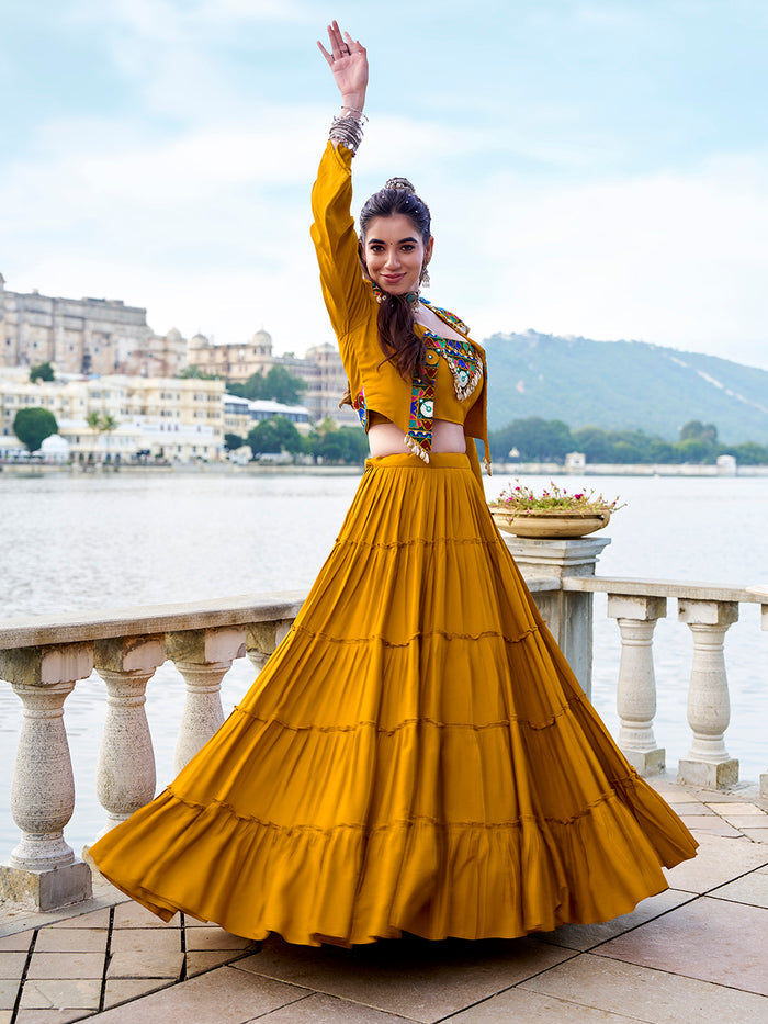 Zayana Mustard Rayon Co-Ord Set with Gamthi Work & Cowrie Detailing