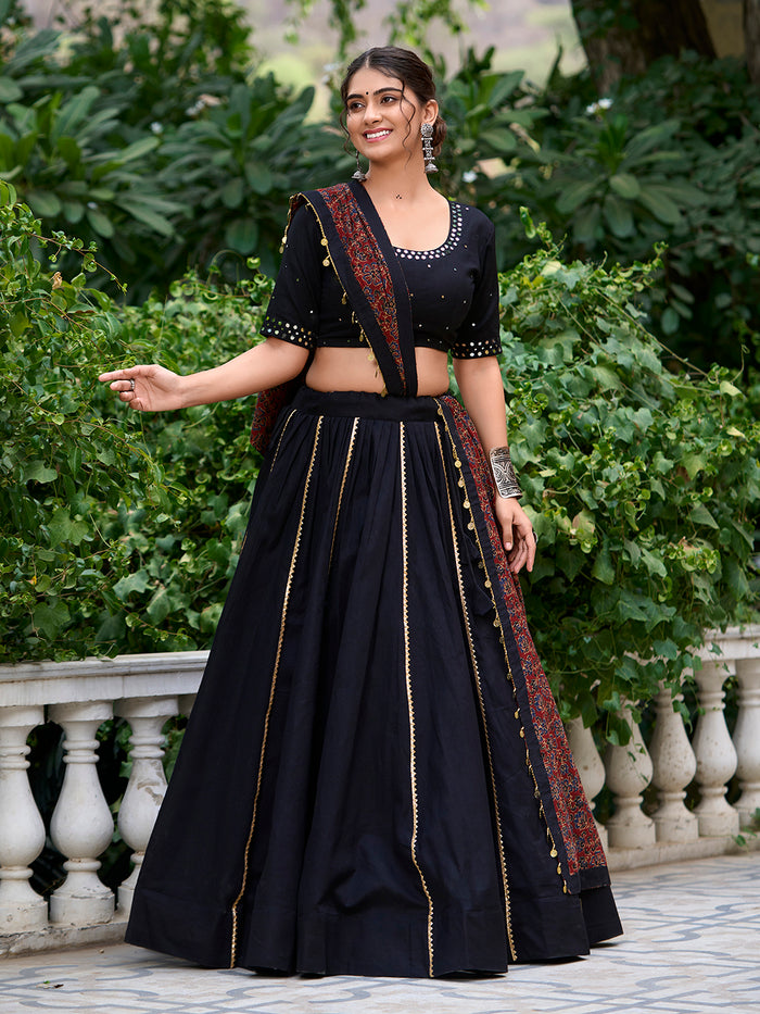 Zayana Black Plain Cotton Lehenga Choli with Gota Patti – Traditional Collection