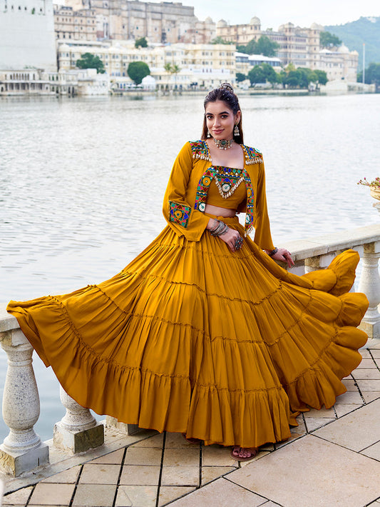 Zayana Mustard Rayon Co-Ord Set with Gamthi Work & Cowrie Detailing