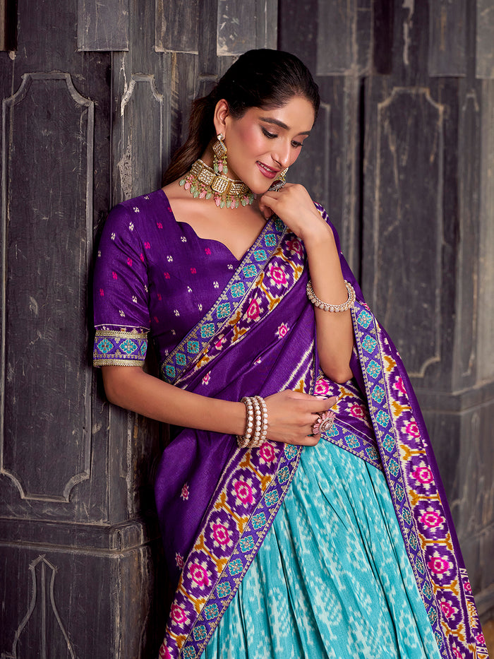 Zayana Sky Blue Ikkat Patola Printed Tasar Silk Lehenga Choli