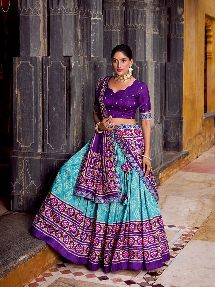 Zayana Sky Blue Ikkat Patola Printed Tasar Silk Lehenga Choli
