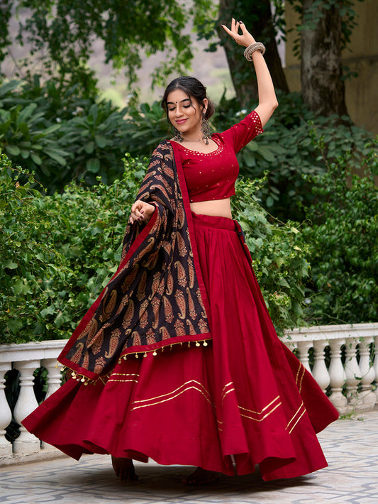 Zayana Special – Maroon Plain Cotton Navratri Chaniya Choli with Gota Patti