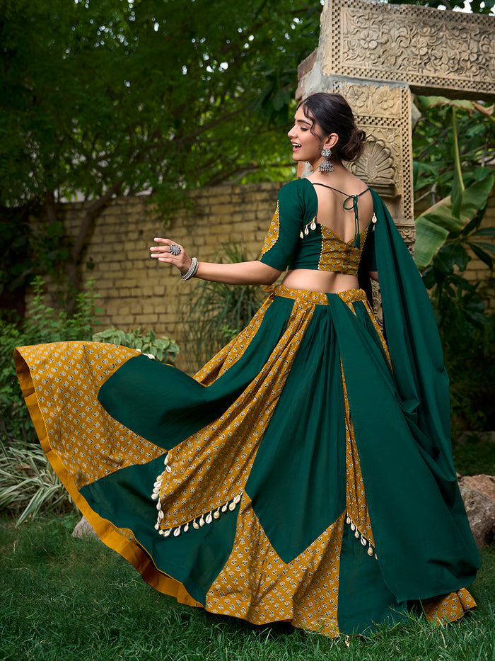 Zayana Exclusive Green Cotton Navratri Lehenga Choli – Elegant Plain & Printed Fusion