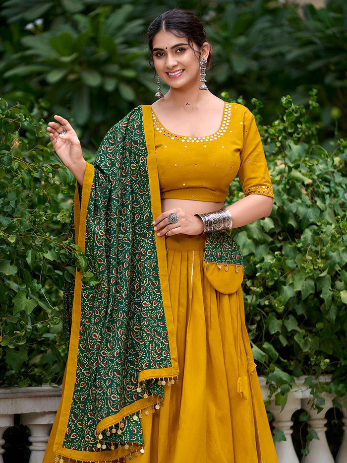 Zayana Mustard Plain Cotton Lehenga Choli with Gota Patti