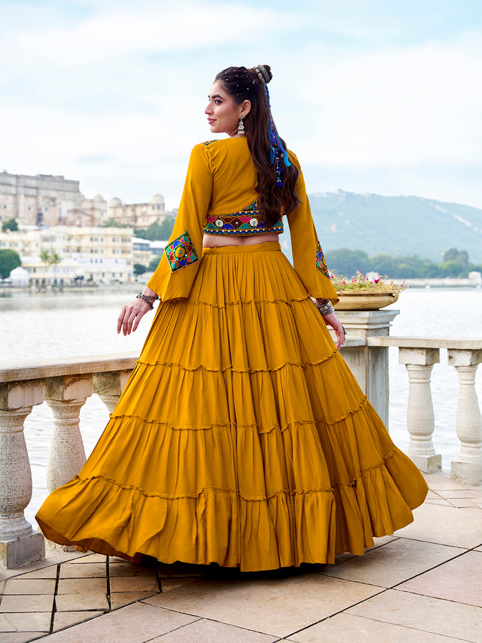 Zayana Mustard Rayon Co-Ord Set with Gamthi Work & Cowrie Detailing