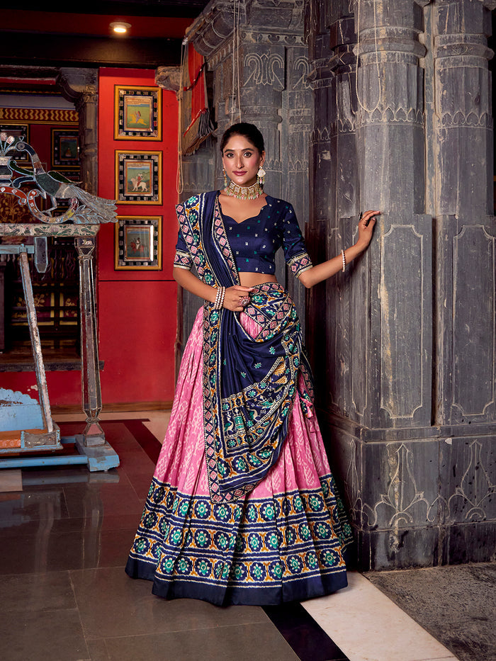 Zayana Light Pink Ikkat Patola Printed Tasar Silk Lehenga Choli
