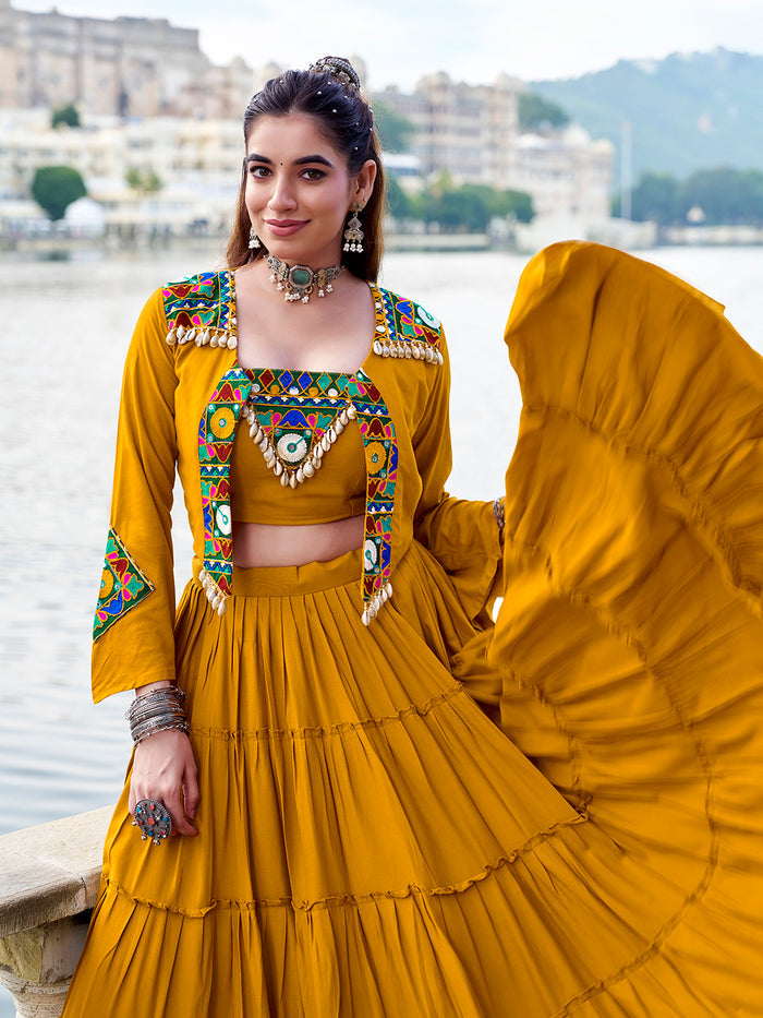 Zayana Mustard Rayon Co-Ord Set with Gamthi Work & Cowrie Detailing